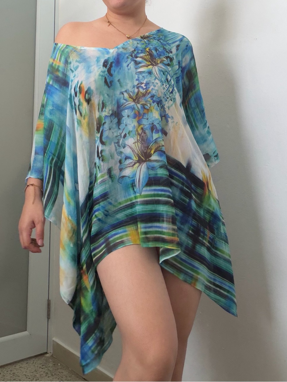 Floral Watercolor Off-Shoulder Tunic - Blue Green Print